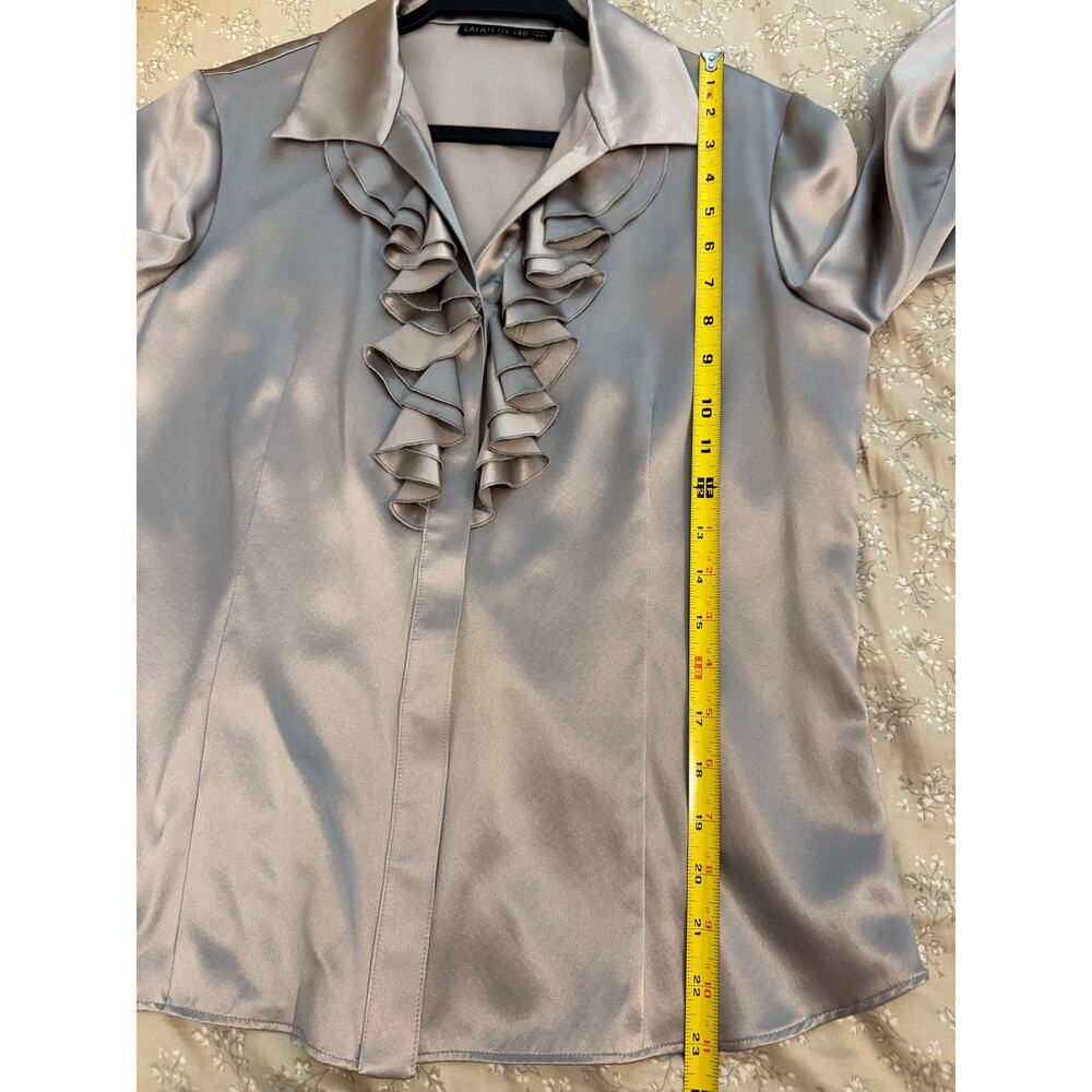 Lafayette 148 New York Silk Satin Ruffle Front Blouse Silver Metallic size 6 - Picture 7 of 9